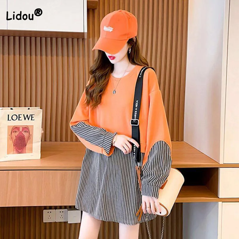 Spliced Striped Korean Version Sweatshirts for Women 2023 New Autumn Preppy Style Crew Neck Bandage Mid Length Pullovers Top
