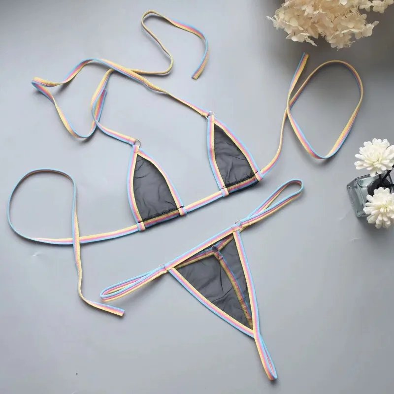 Ensemble de lingerie sexy pour femmes, mini-soutien-gorge sans armatures, ultra-fin, en maille non doublée, ensemble de soutien-gorge et culotte noir transparent, 2 pièces, halter, lingerie exotique pour femmes