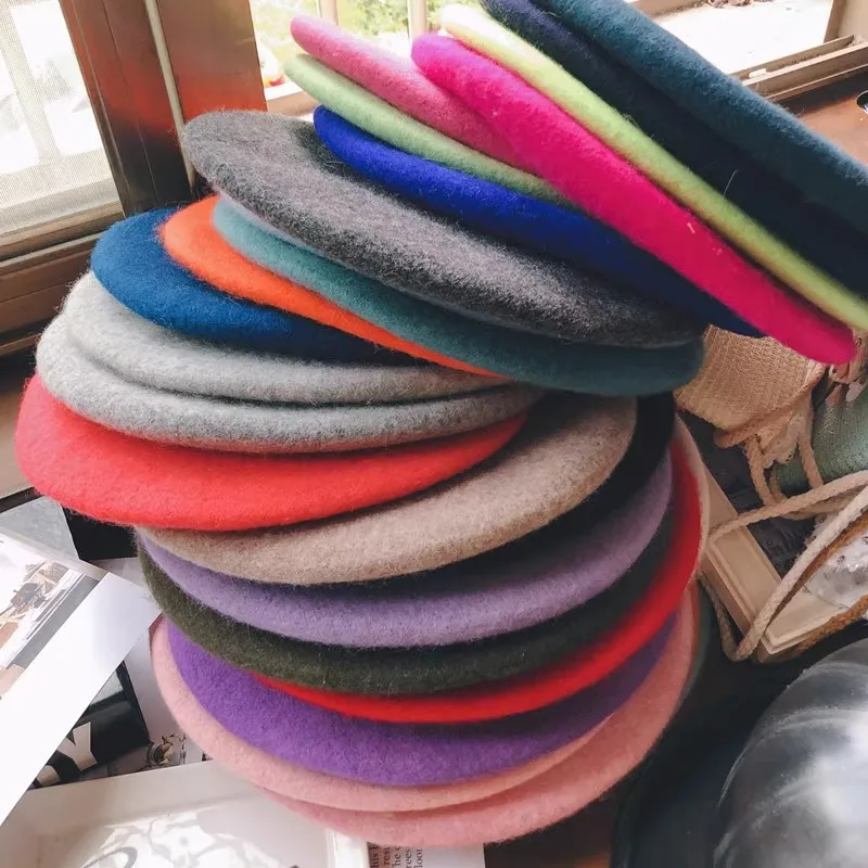 Women Colorful Wool Berets French Artist Style Warm Winter Hat Retro Plain Beret Solid Color Elegant Lady All Matched Autumn Cap