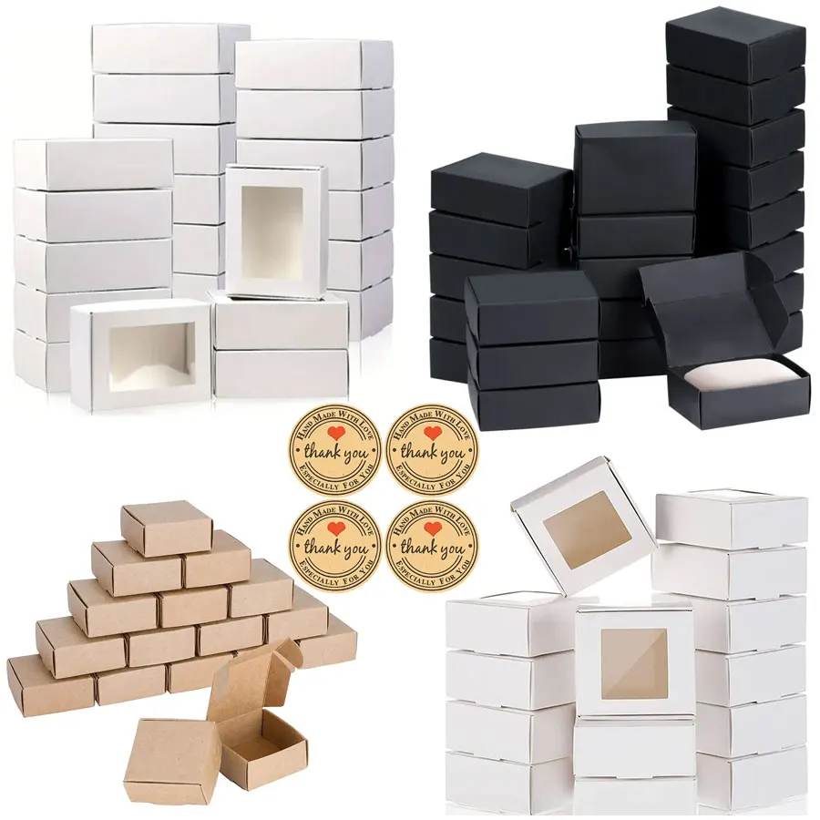 20/50Pcs DIY Kraft Paper Box With/Without Clear Window,Paper Gift Box Packaging For Wedding Family,Birthday,Party(With sticker)