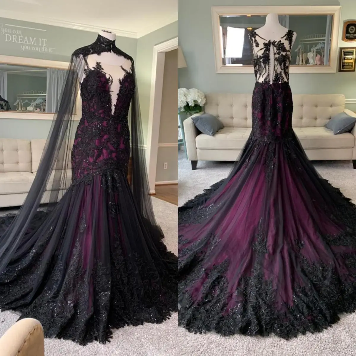 17005vanna Black And Purple Wedding Dress With Cape Bridal Cape