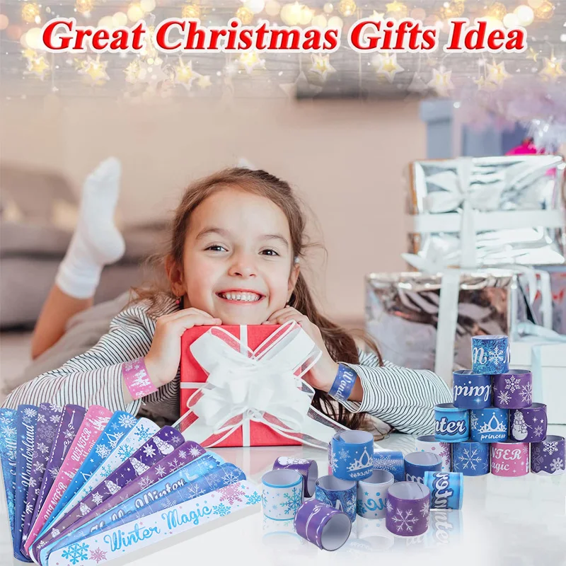 12Pcs Winter Snowflake Slap Bracelets for Kids Frozen Birthday Party Favors Goodie Bag Pinata Fillers Christmas Wristbands Gifts