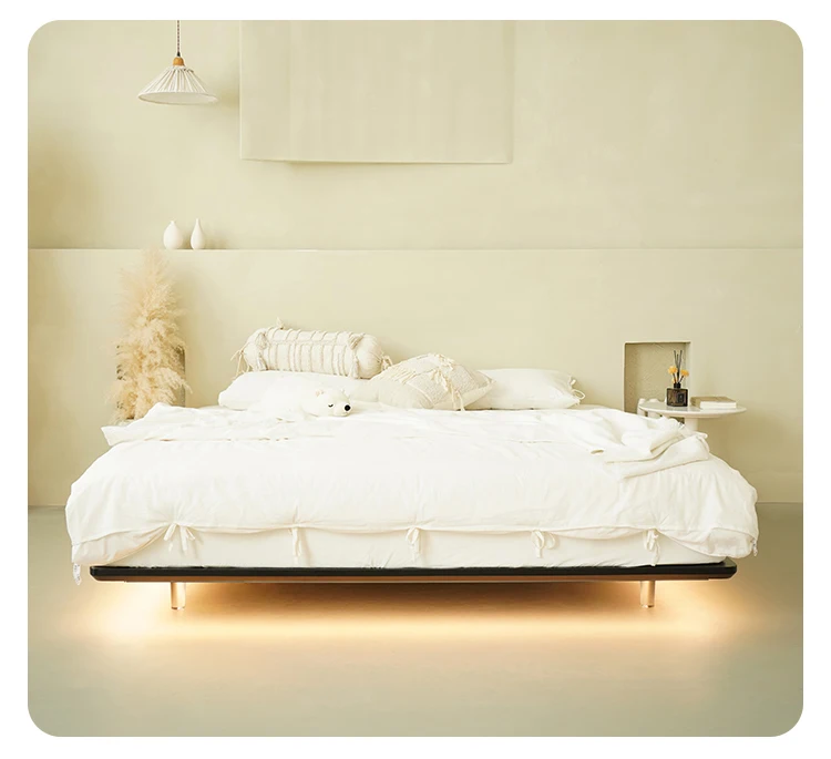 Italian Minimalist Style Ash Wood Bed Frame Without Headboard Suspended Double Bed Bedroom Sets