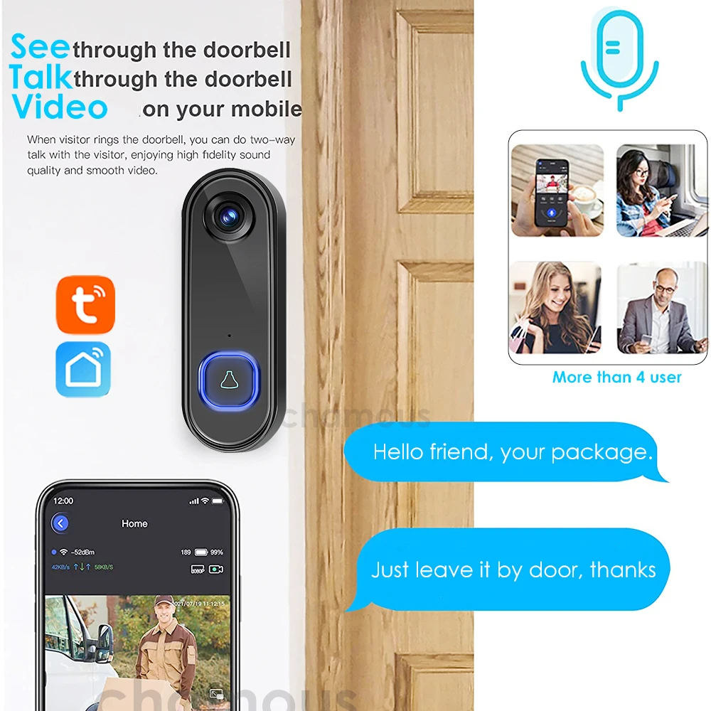 TUYA 비디오 초인종 WiFi 무선 야외 초인종 카메라 AC 전원 1080P 비디오 문 전화 방수 IP65 Alexa 구글 홈,비디오폰, 인터폰 초인종,무선 초인종