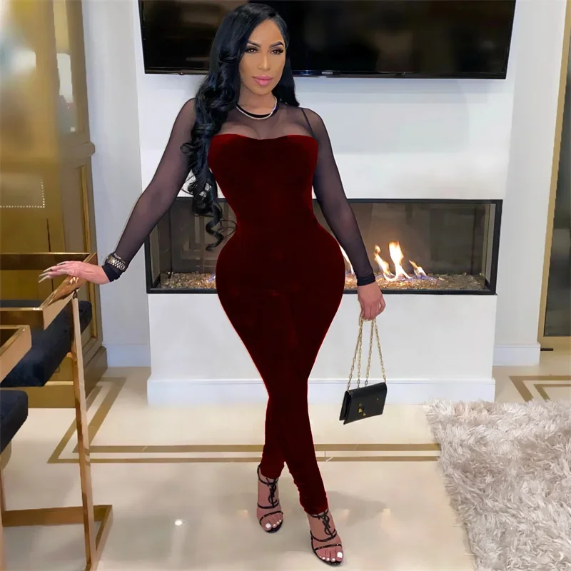 Women Sexy See-through Jumpsuit Back Zipper Splicing Mesh Long Sleeve Rompers Female Stretch Slim Fit Elegant Commuter Pantsuit