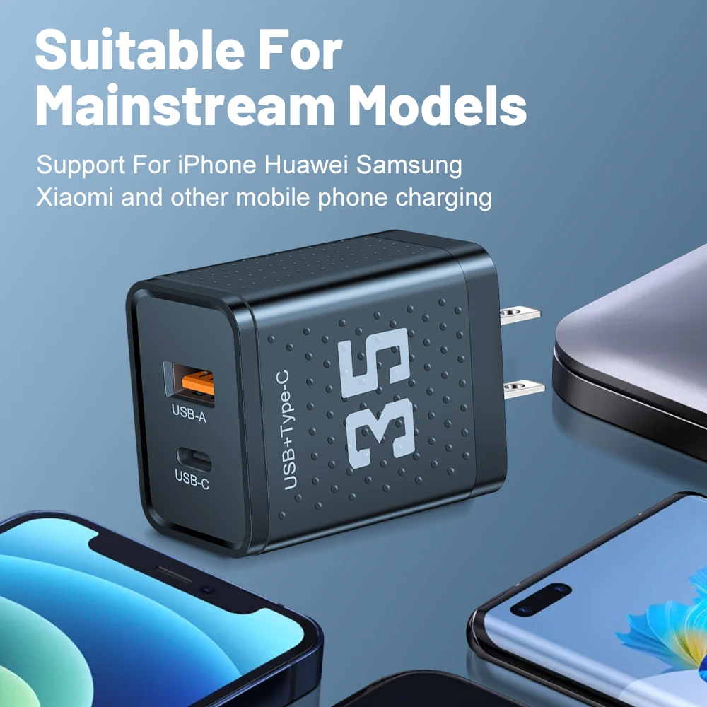 35W USB PD Phone Charger 2 Ports PD Fast Charging Adapter QC3.0 For Xiaomi iPhone15 14 Samsung Huawei Mobile Phone Wall Charger