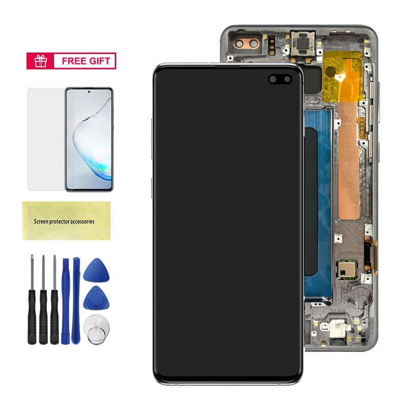 Lcd-scherm voor Samsung Galaxy S10 Plus S10 G975F G975U G975A 6,4 inch LCD-scherm touchscreen-montage met gereedschap (zwart met frame, Zonder Vingerafdrukherkenning