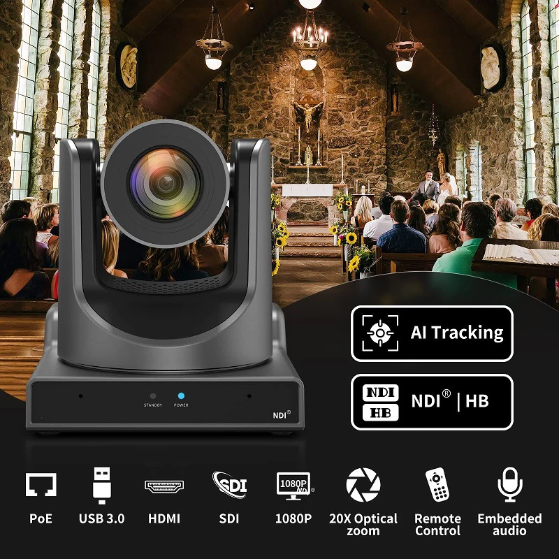 20X AI Tracking Camera NDI POE Camera SDI HDMI USB PTZ Live Streaming OBS vMix Blackmagic Church Worship