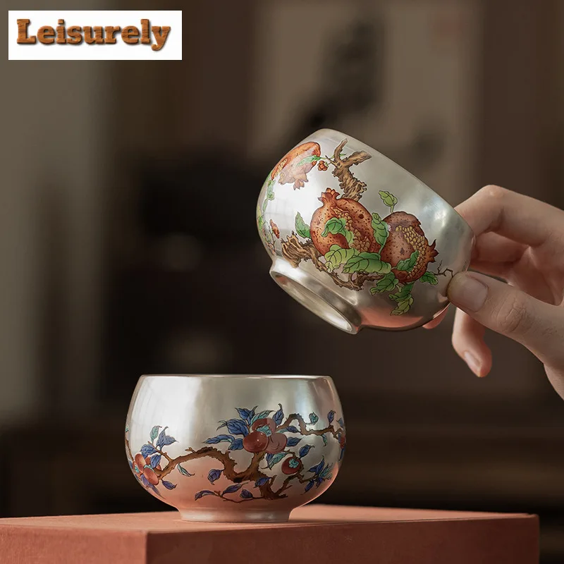 Gilt Silver Longevity Peach Pomegranate Teacup Luxury Tea Bowl Mug Tea-tasting Meditation Cup Chazhan Master Cups Teaware Set