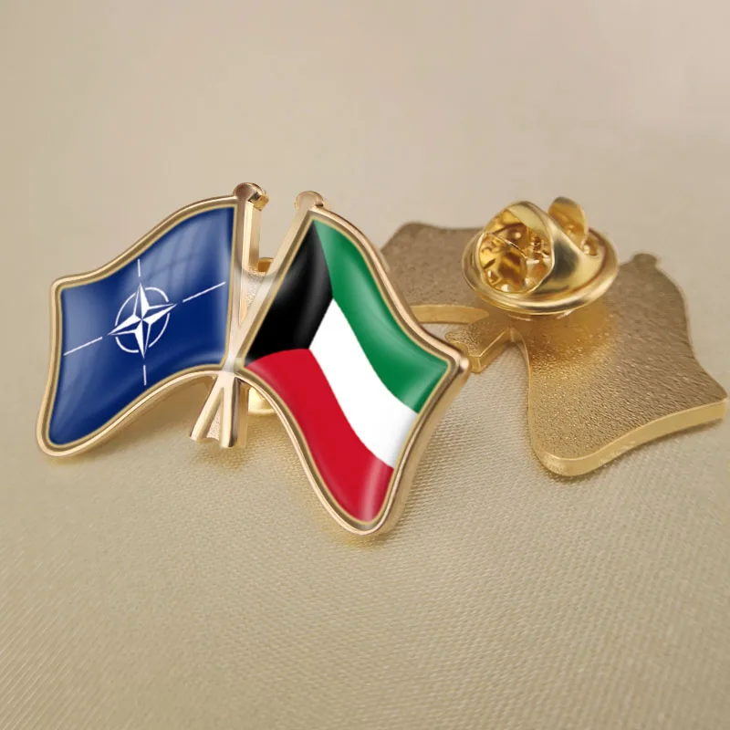 

North Atlantic Treaty Organization NATO and Kuwait Crossed Double Friendship Flags Lapel Pins Brooch Badges