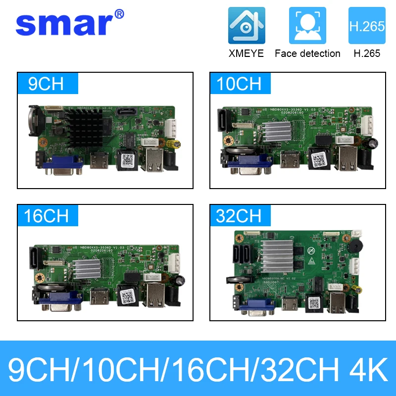 Smar CCTV 9CH 10CH 16CH 32CH 4K NVR Motherboard For 5MP 8MP IP Camera Support XMEYE ONVIF H.265+Network Digital Video Recorder