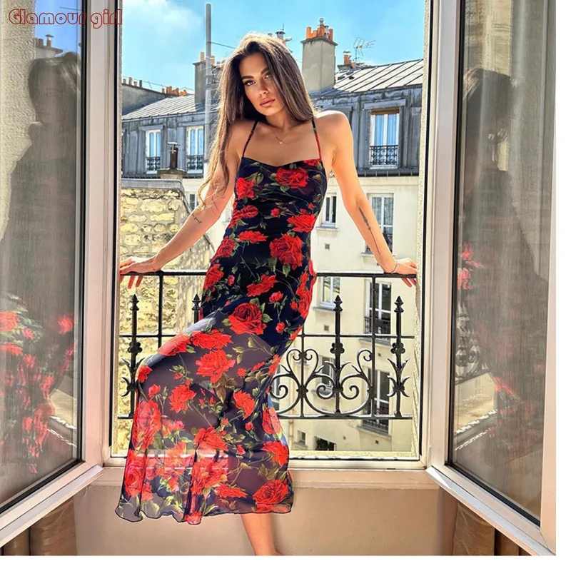 

Printed Camisole Women Dress Plus Size Long Women's Summer 2024 New High Waisted Slimming Sexy Wrap Buttocks Floral Skirt Trend