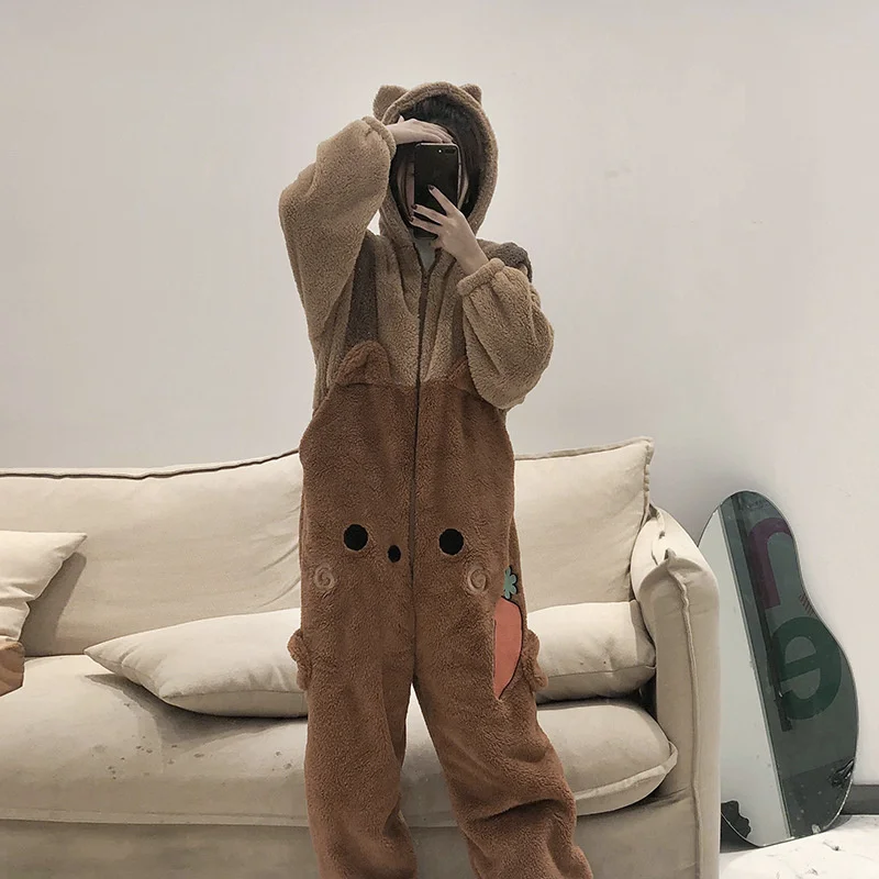 Thermal Onesies Cartoon Bear One-piece Pajamas for Adult Women Flannel Sleepwear Kigurumi Cosplay Animal Loungewear Nightwear