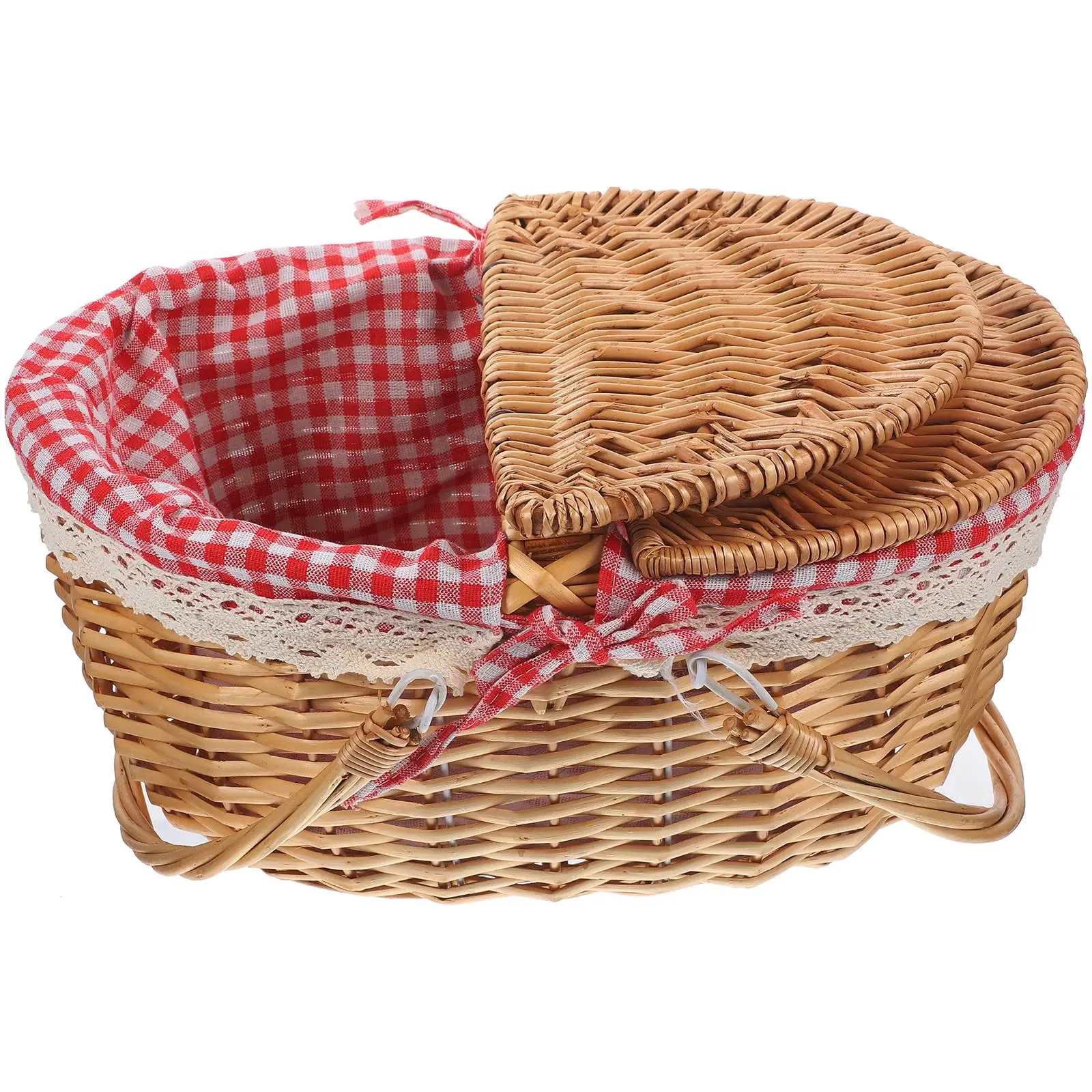 Wicker Picnic Red Grid Decorative Baskets For Home Decor Portable Storage Woven Basket Home Decor Gift Rustic Woven Handles 2