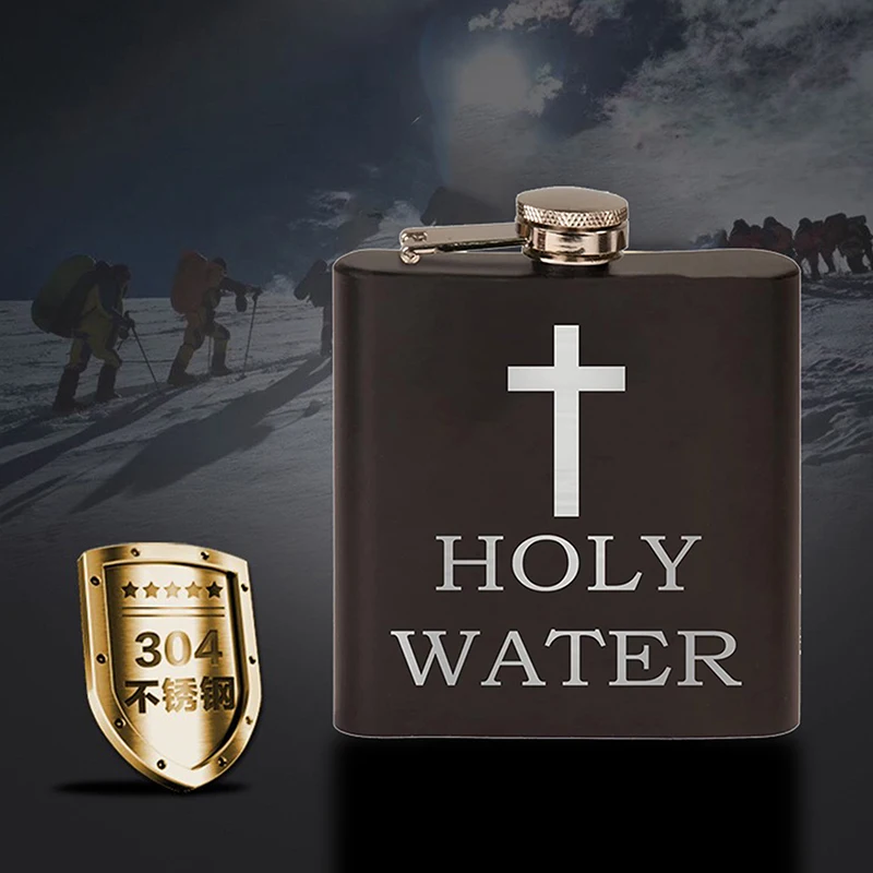 168ml Cross Pattern Holy Water Bottle Black Stainless Steel Hip Flask Portable Alcohol Whiskey Wine Pot Screw Cap