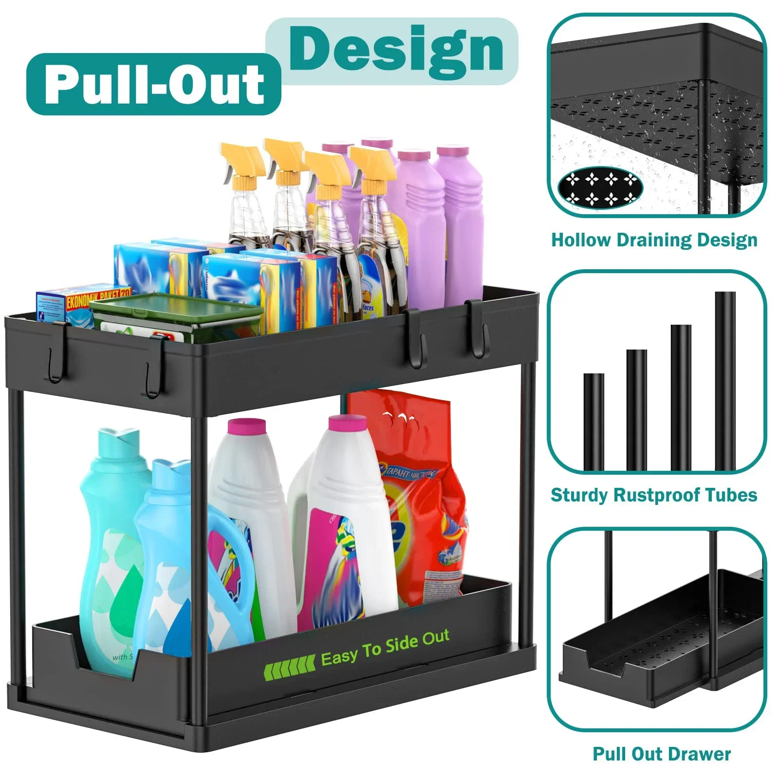 2 Tier Sliding Drawer Under Sink Storage Organizer Shelf Multipurpose Holder Rack For Kitchen Cabinet Bathroom Home Accessories 2