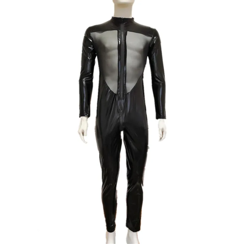 Boys young men nightclub bar modeling outfit role play PU leather mesh patchwork onesie perspective temptation