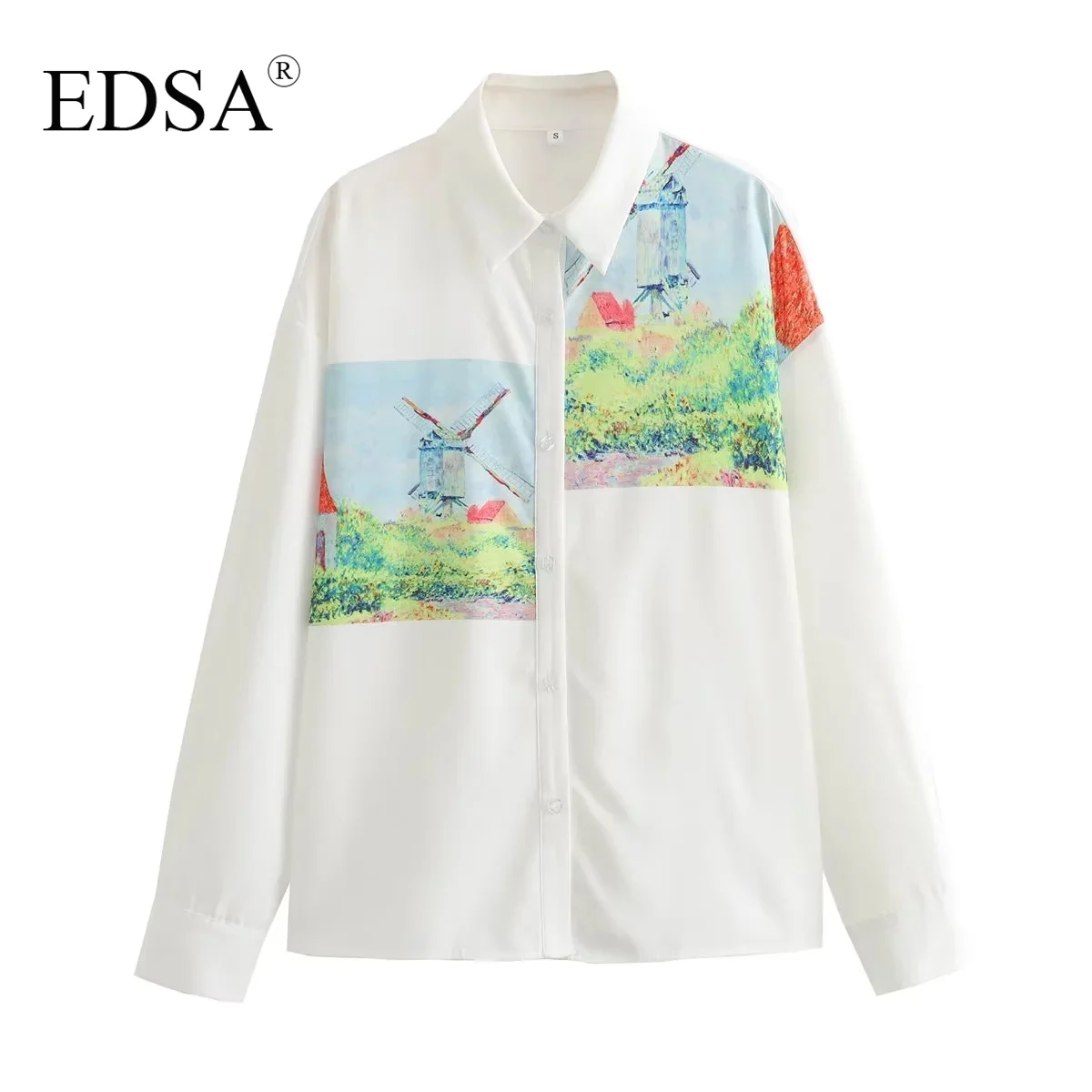 

Женская Офисная рубашка EDSA, белая однобортная блузка с длинным рукавом и отложным воротником