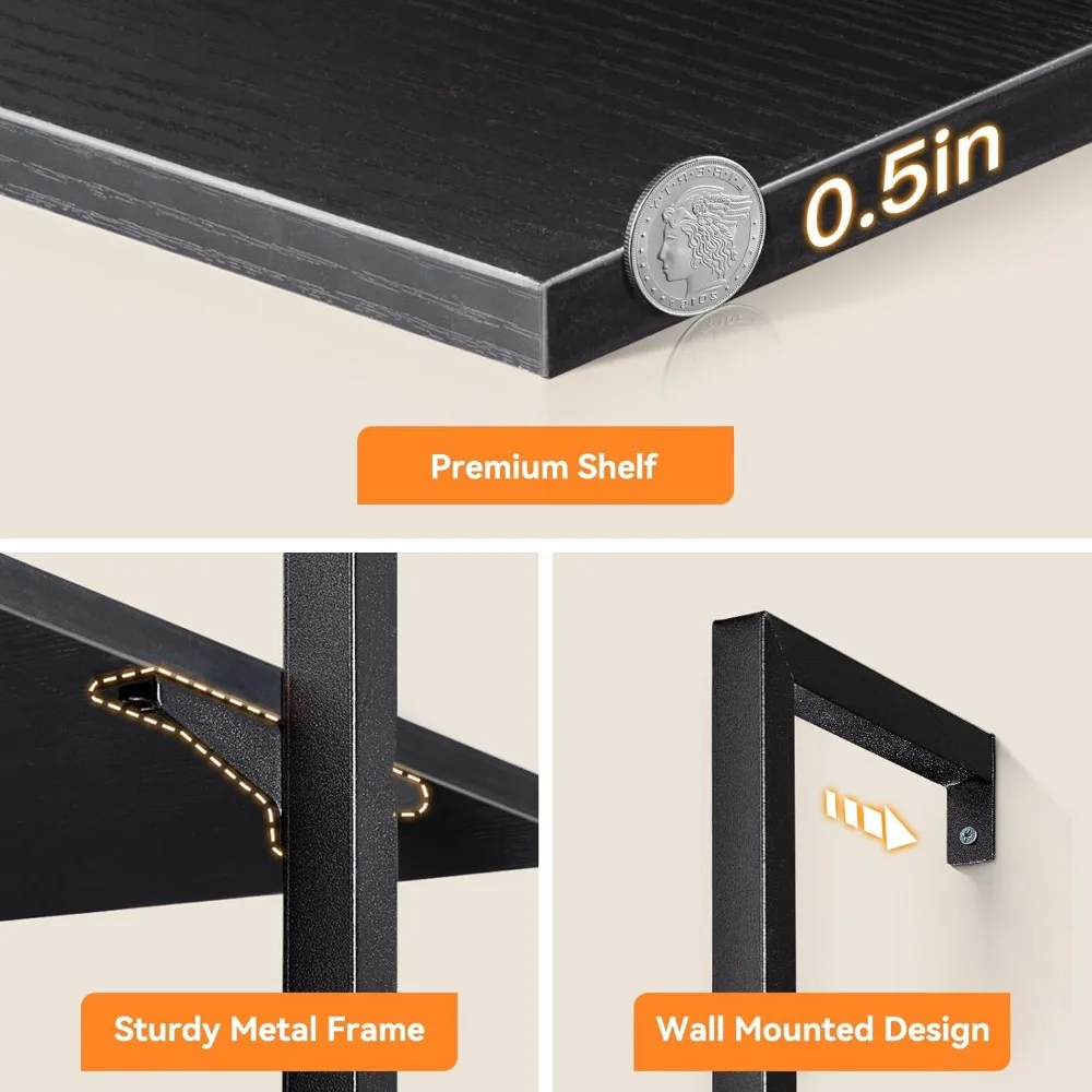 Ladder Shelf, 6 Tier Black Bookshelf, 86 Inch Wall Mounted Book Shelf with Metal Frame, Ladder Bookshelf Bookcase for Bedroom 4