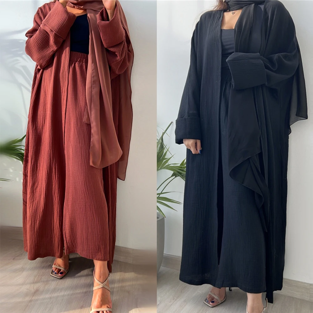 

2 Piece Abaya Pants Matching Muslim Set Crinkle Plain Open Abayas for Women Dubai Turkey African Islamic Clothing Eid Ramadan