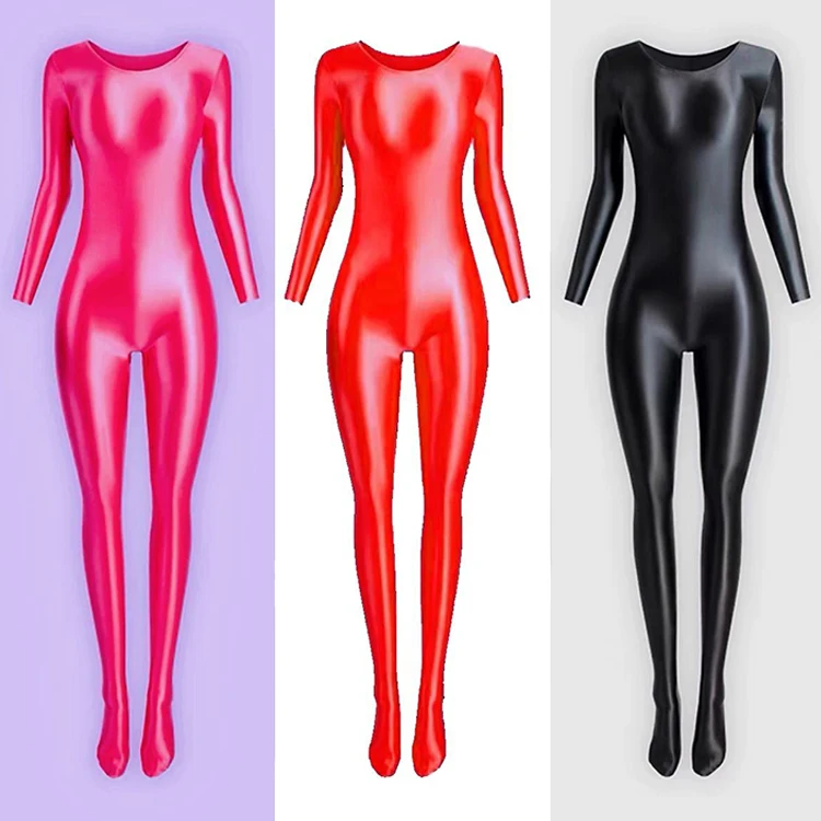 oily-glossy-long-sleeve-elastic-women-jumpsuits-bodycon-rompers-one-piece-swimsuit-silky-tights-satin-pantyhose-thong