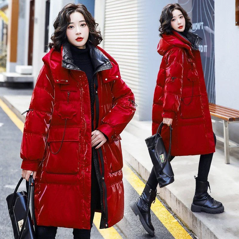 2023 New Women Cotton Coat Winter Jacket Female Warm Parkas Hooded Outwear Red Bright Face No Wash Overcoat