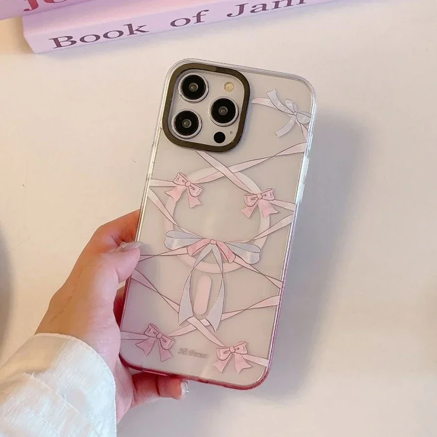 Swan Bowknot Pink Gradient Transparent Border iPhone 13 14 15 Pro Max Case with MagSafe