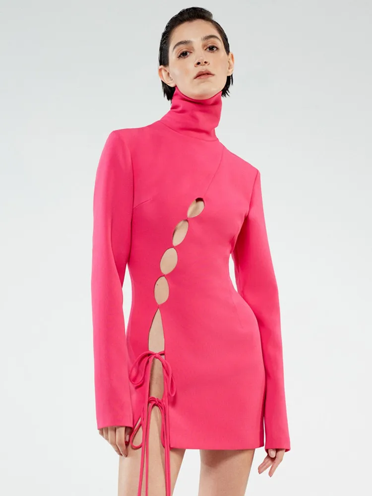 

Autumn Winter Women Long Sleeve Turtleneck Tession Wear Laced Up Mini Short Bodycon Bandage Dress High Street Going Out Dresses