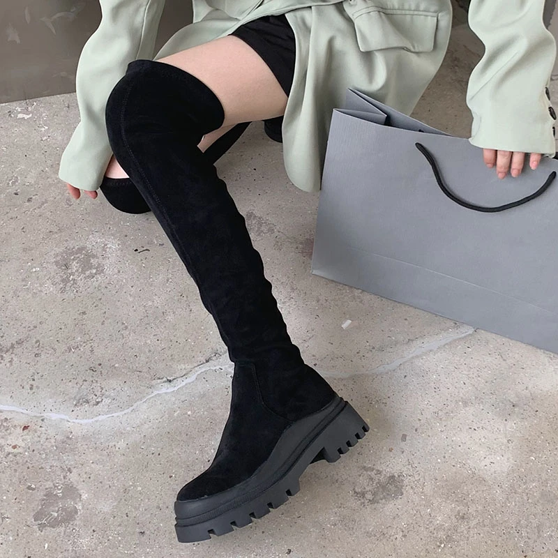 Botas elásticas por encima de la rodilla para mujer, altas modernas, zapatos de plataforma de goma con cremallera punta redonda, 2022| | - AliExpress