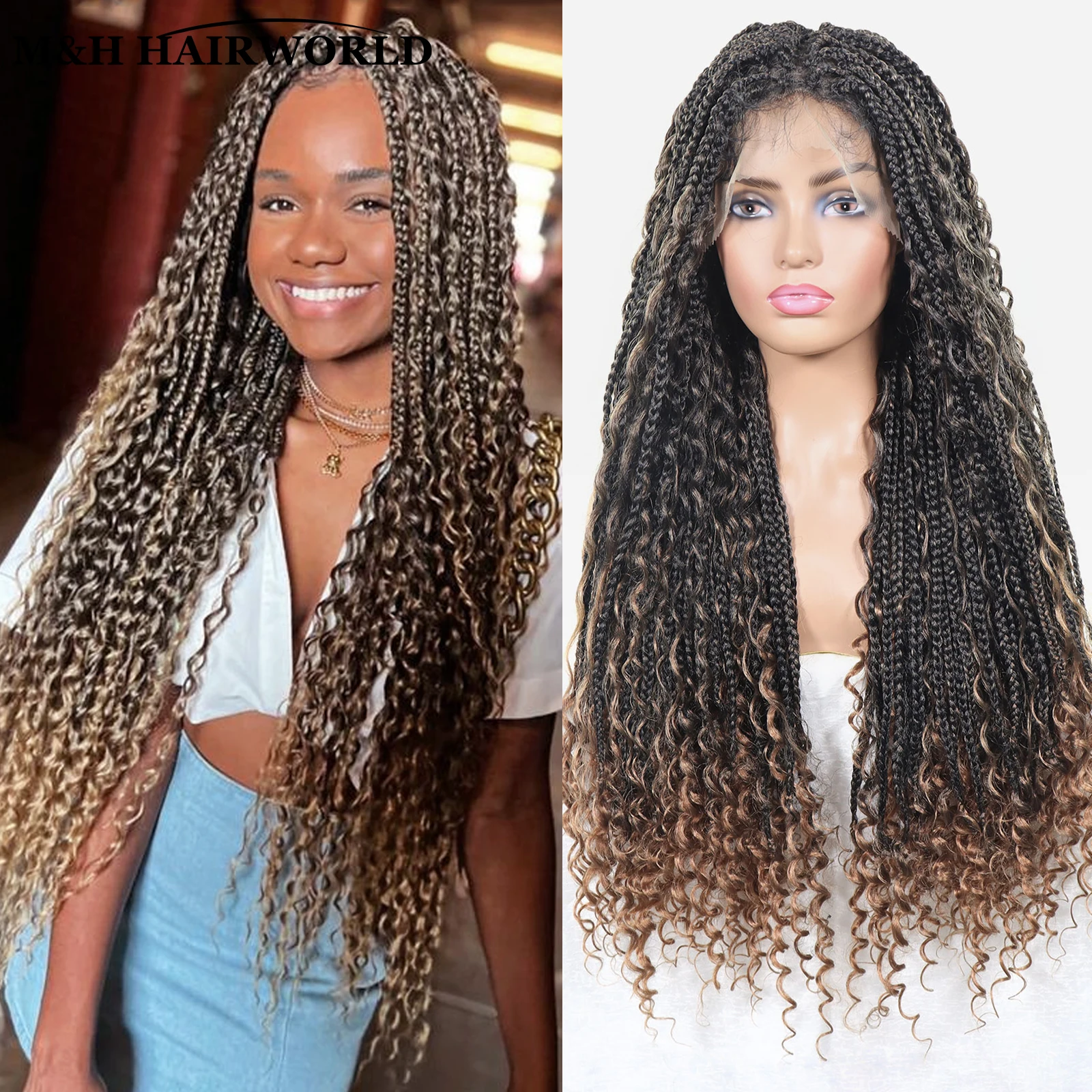 

Ombre Blonde Colored Synthetic Lace Front Braided Wigs For Black Women Glueless Long Curly Boho Box Braids Wigs With Baby Hair