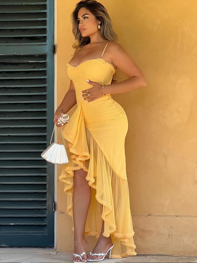 Beyprern Beautiful Spaghetti Strap Ruffles Tirm Long Maxi Dress Womens  Yellow Birthday Outfits Glam Ruched Party Dresses Gowns - AliExpress  200000345