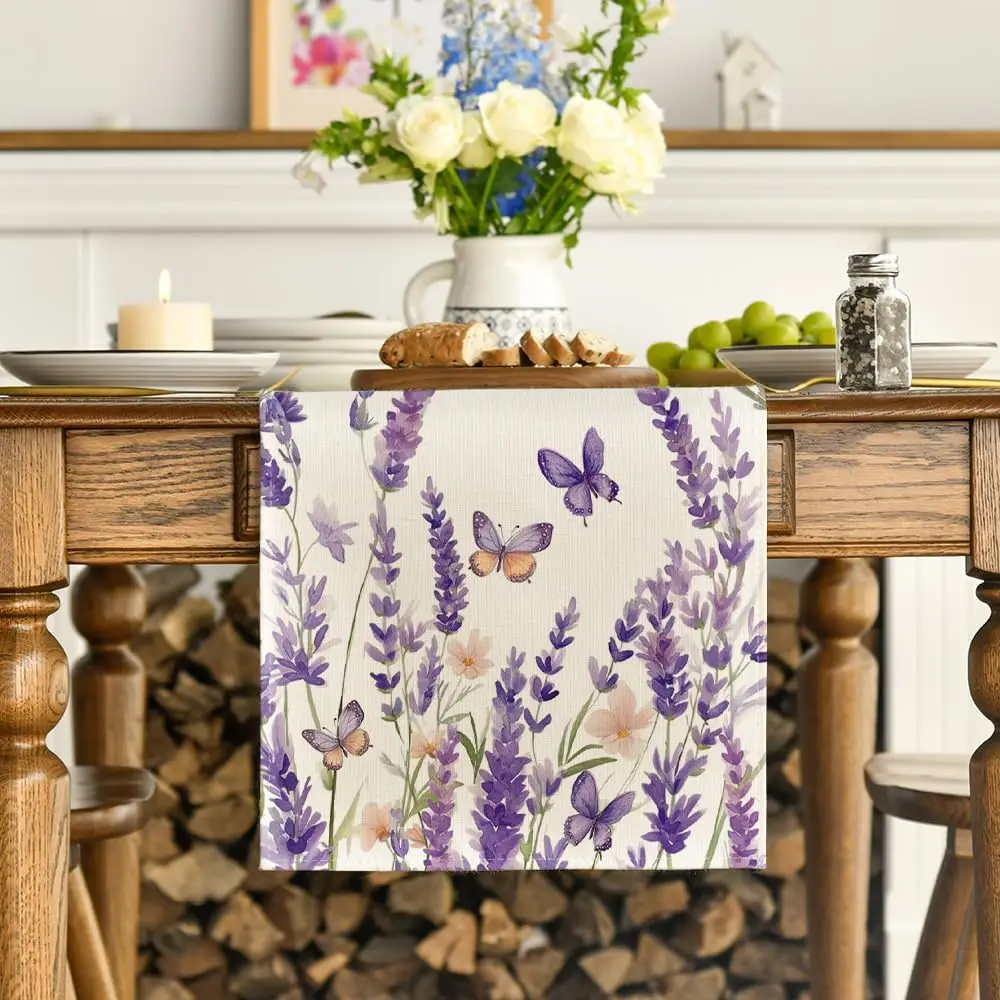 Spring Purple Lavender Floral Linen Table Runner Party Decor Reusable Farmhouse Kitchen Dining Table Runner Wedding Decorations macrame table runner