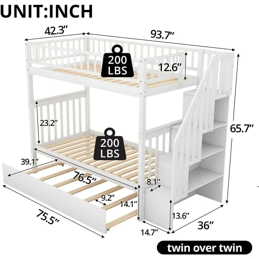Bunk Beds Twin Over Twin Bunk Bed with Twin Trundle & Staircases, Wood Bunk Bed Frame with Safety Rails,  Kid Bed 4