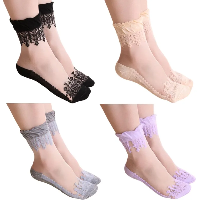 1 Pair Spring Summer Ladies Ultrathin Lace Embroidery Silk Transparent Glass Crytal Stretch Women Soft Elastic Breathable Socks