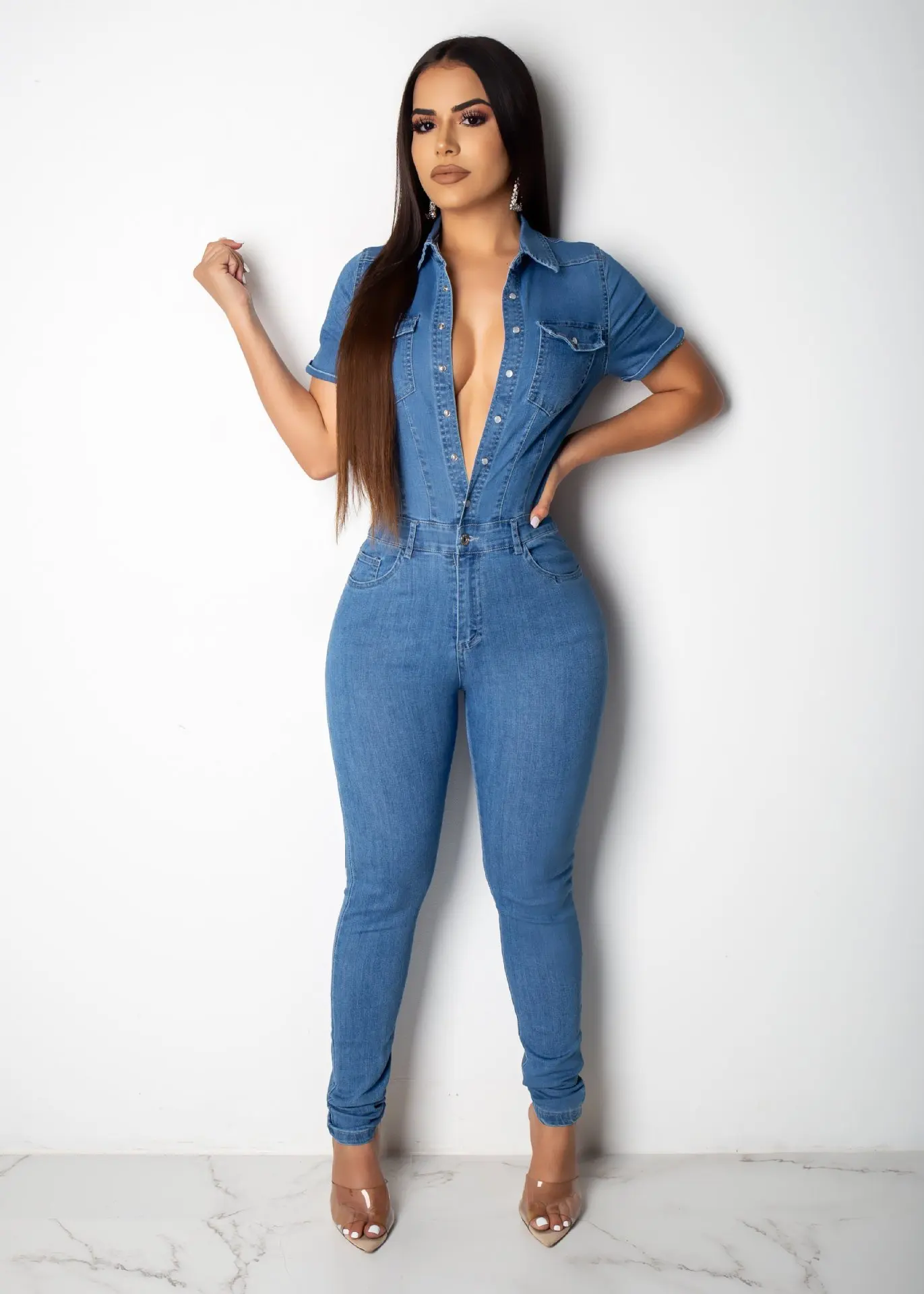 Ladies Fashion Casual Lapel Short Sleeve Skinny Light Blue Denim Jumpsuit Summer Tidal Current Jumpsuit