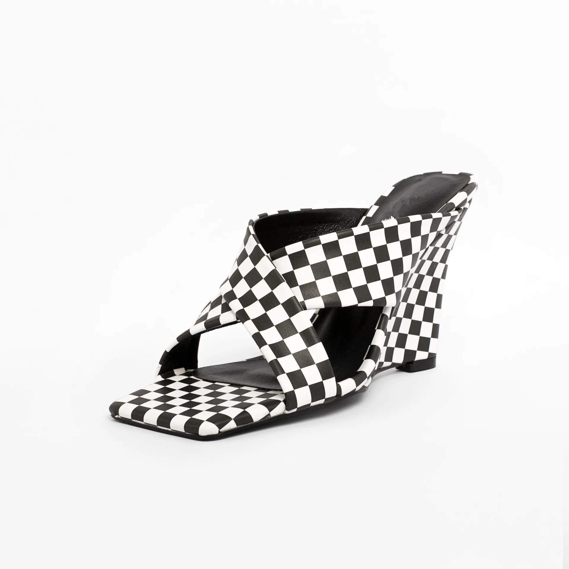 

Cross Strap Black White Slippers Square Toe Wedges Sandals Shallow High Heels Summer Party Women Shoes