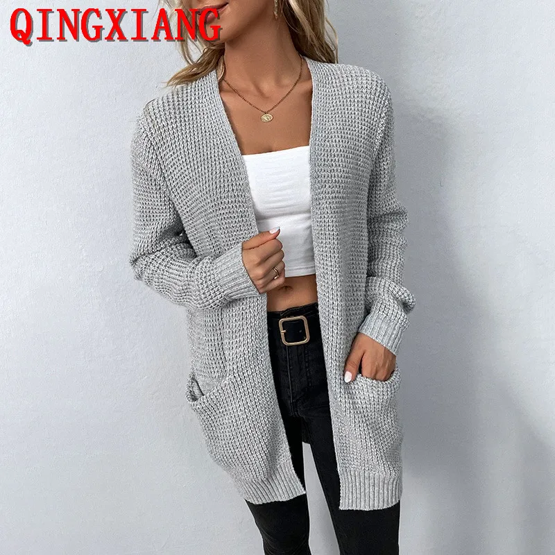 

4 Colors S-XL Women Open Stitch Knitted Sweater Autumn Winter Loose Outwear Coat Long Sleeves Cardigan Knitwear With Pocket