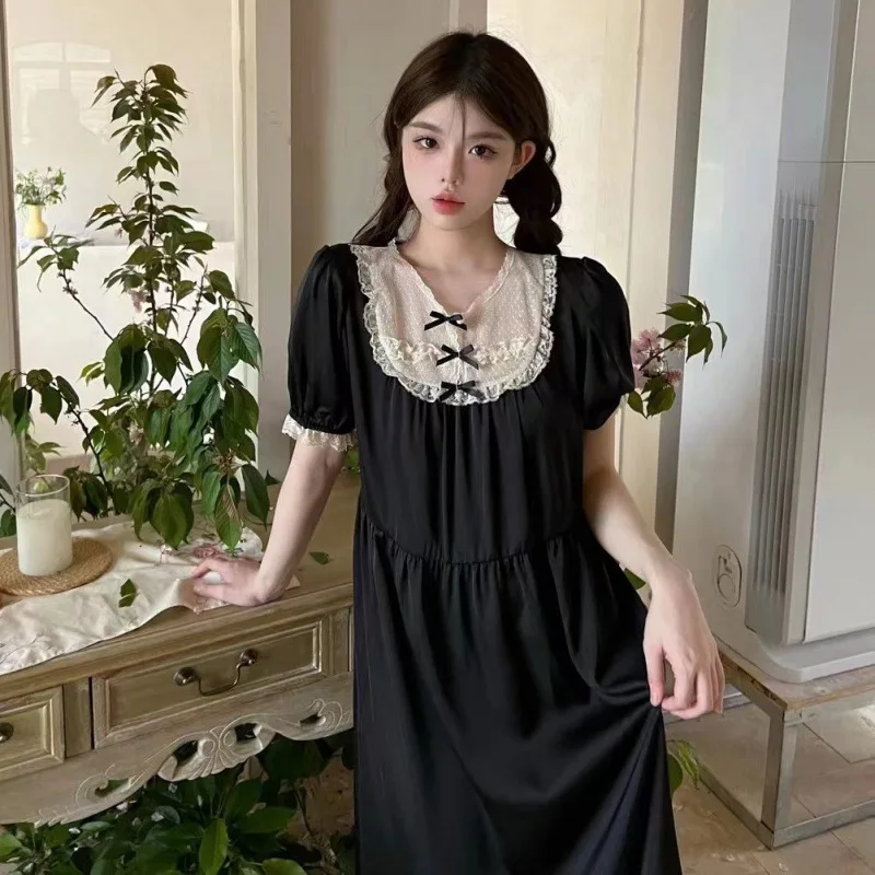 

Милая длинная ночная рубашка, Сексуальная кружевная одежда для сна с V-образным вырезом, Летние Короткие Свободные повседневные ночные рубашки, французское домашнее платье