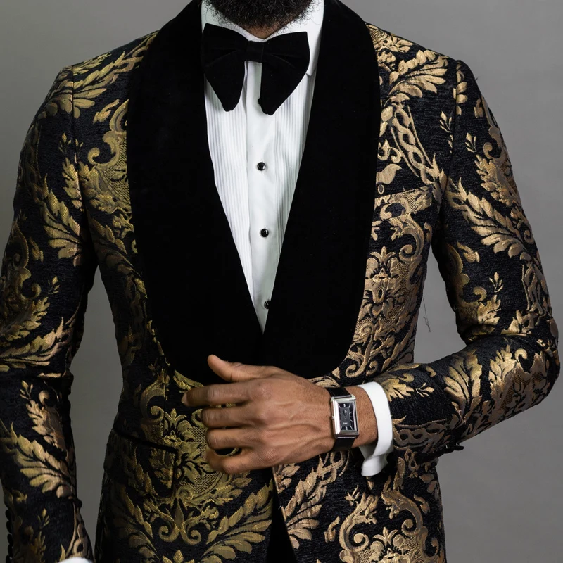 Men's Red Floral Sequins Wedding Groom Suit Slim Fit Blazer Jacket