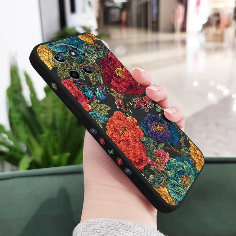 Elegant Embroidery Flower Liquid Silicone Phone Case