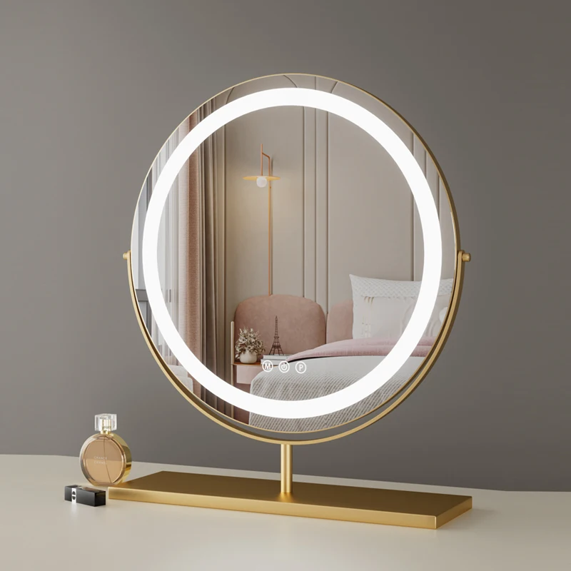 กระจกแต่งหน้าเรียบง่ายพร้อมโคมไฟเดสก์ท็อปเดสก์ท็อปบ้าน LED สมาร์ทกระจกแต่งตัวห้องนอน INS ลม,กระจกความงาม 1