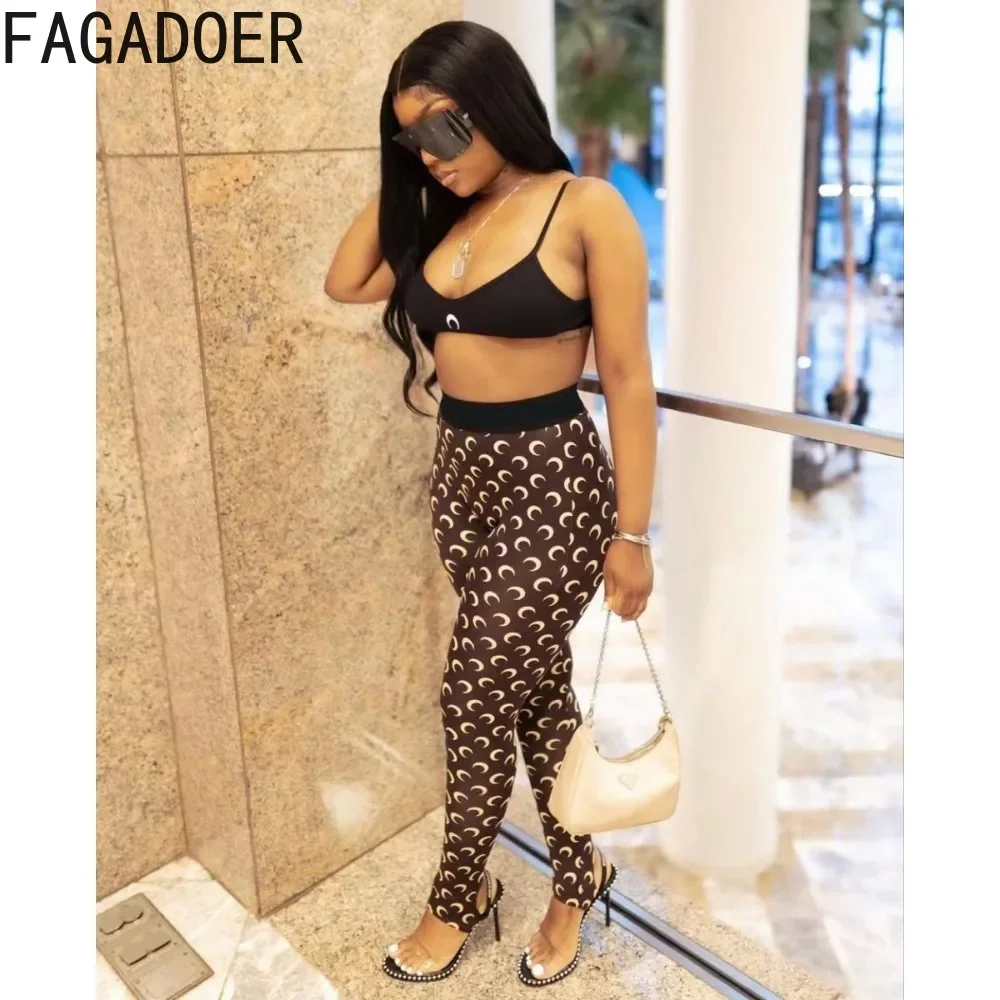 HLJ Fashion Printing Skinny Pants Two Piece Sets Women Thin Strap Sleeveless Crop Top And Pants Tracksuits Female 2pcs Outfits