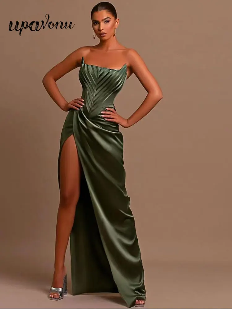 

Sexy Runway Satin Maxi Dresses Women's Bra Sleeveless Slim Fit Draped Split Long Dress Celebrity Evening Birthday Party Vesidos