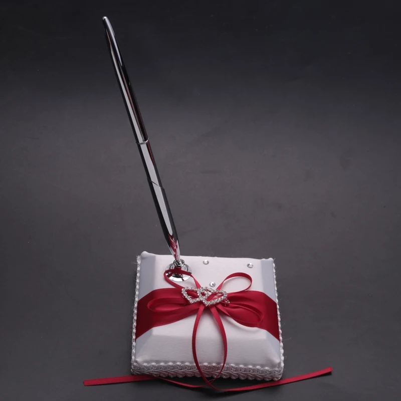 Wedding Guest Book With Pen Holder Sets Satin Bows Signature Book With Diamonds Love Shape For Party Decorations Retail