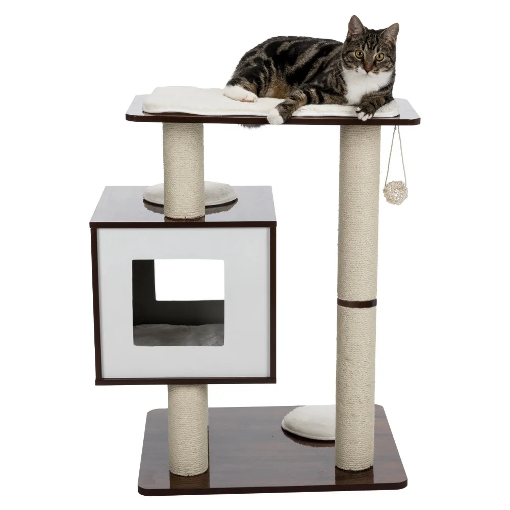 

Wooden and sisal 2-story 31-inch cat tree with scratching posts and apartments, detachable for easy cleaning, brown