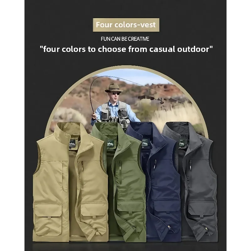 Veste sans manches homme pêche photographie multi-poches col montant veste outdoor ample taille grande