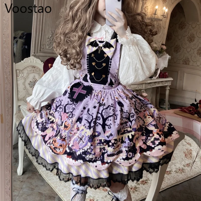 Vintage Gothic Lolita Jsk Dress Autumn Sweet Halloween Cat Ears Plush Hooded Cloak Strap Dress Girls Harajuku Tea Party Dresses