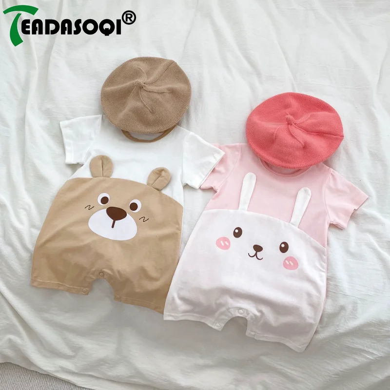 

2024 Summer Infant Newborn Romper Kids Baby Girls Thin Patchwork Cute Bunny Bear Short Sleeve Jumpsuits Toddler Cotton Outwear