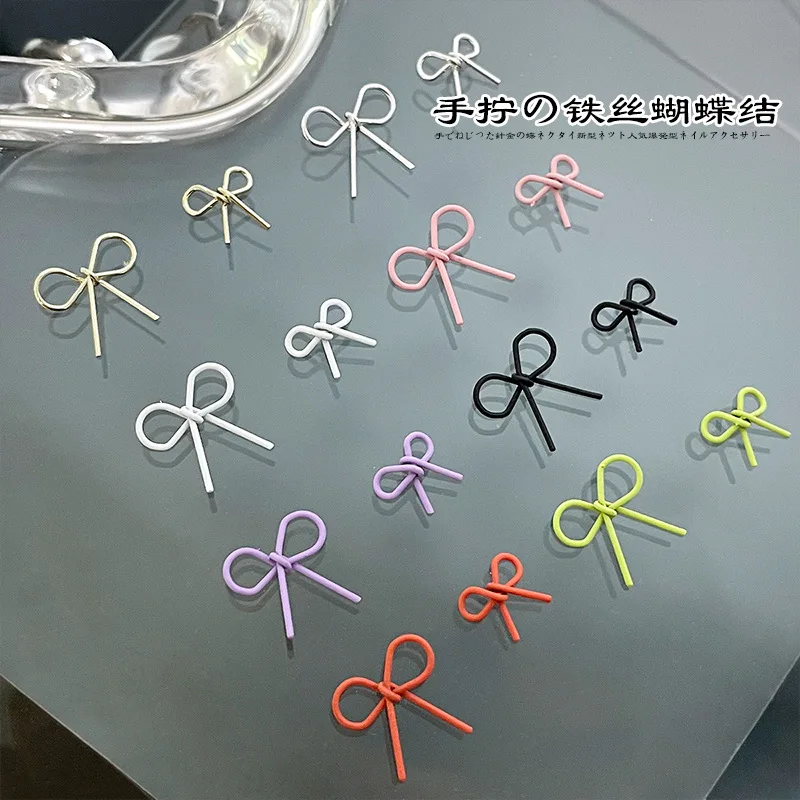 20PCS Versatile Simple Colorful Thin Bowknot Hand-twisted Iron Wire Bow Alloy Nail Art Rhinestones Decorations Manicure Charms 2