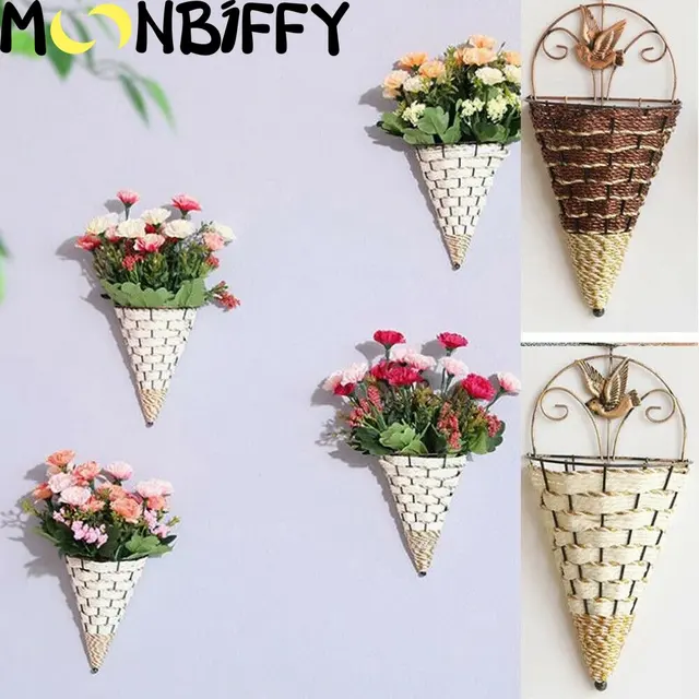 Természetes Rattan Fali Ültető Lógó Virágcserép Fogas Virág Kosár Váza Boxmetal Növényi Kosarak Otthoni Kerti Fal Dekoráció